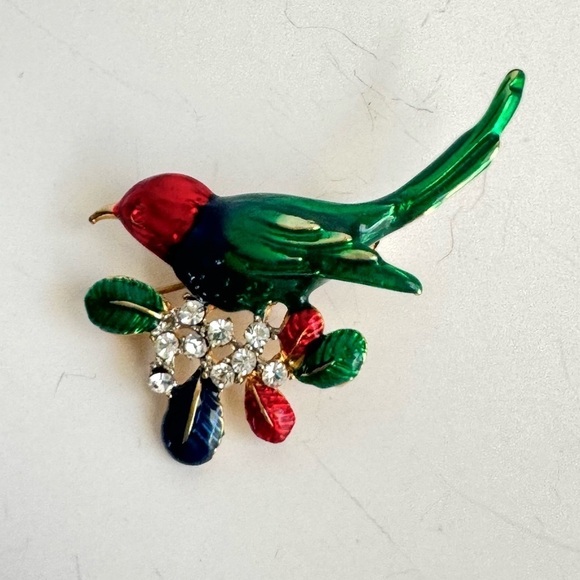 Vintage Enamel Rhinestone Bird Brooch Red Blue Green Festive Holiday Christmas - Picture 2 of 7